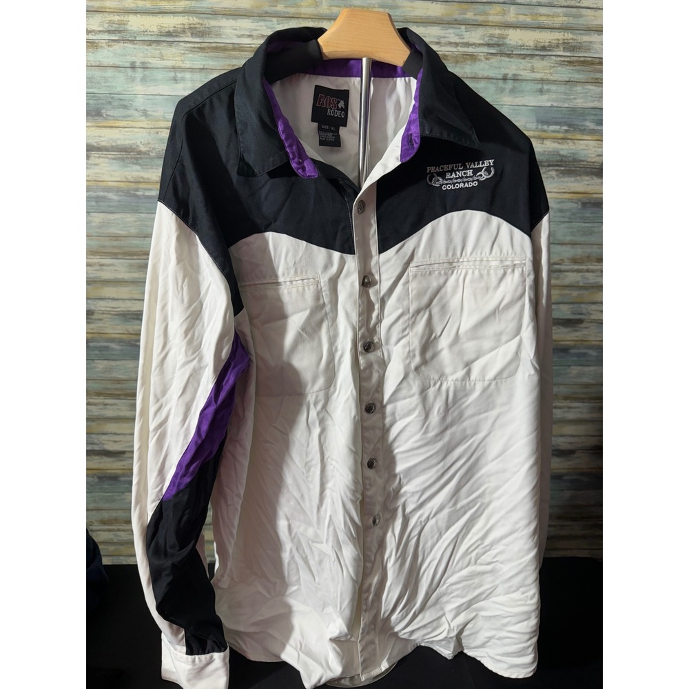 AOS Rodeo Western Shirt XL White Black Purple Excellent Colorblock Ranch Logo